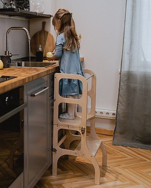 Torre Montessoriana Convertibile Step'n'Sit, Legno Naturale con Cinghie Argento